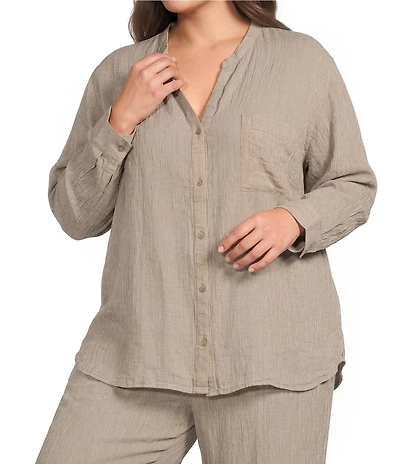 Eileen Fisher Plus Size Puckered Organic Linen Stripe Split V-Neck Long Sleeve Cut-Away Shirt