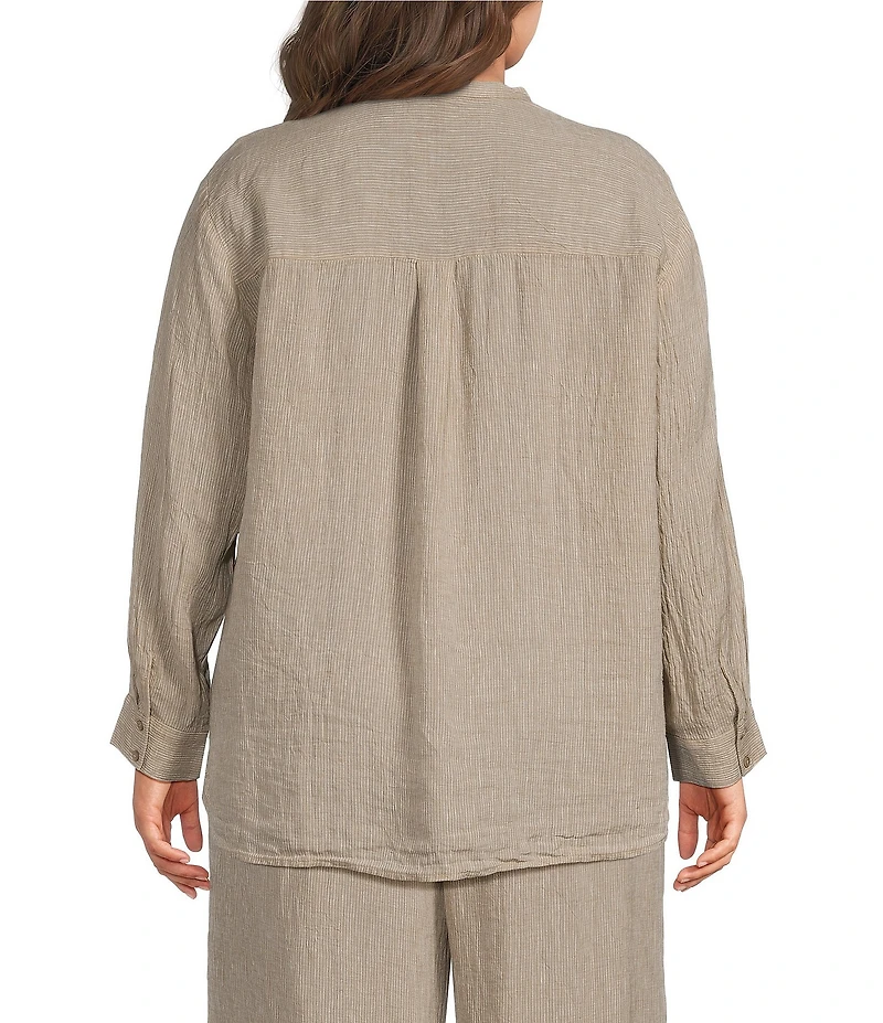 Eileen Fisher Plus Size Puckered Organic Linen Stripe Split V-Neck Long Sleeve Cut-Away Shirt