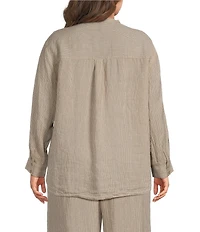 Eileen Fisher Plus Size Puckered Organic Linen Stripe Split V-Neck Long Sleeve Cut-Away Shirt