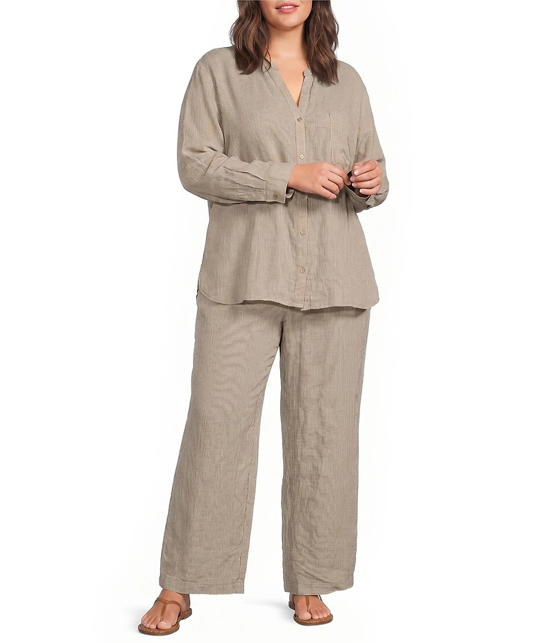 Eileen Fisher Plus Size Puckered Organic Linen Stripe Split V-Neck Long Sleeve Cut-Away Shirt