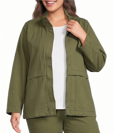 Eileen Fisher Plus Size Slubby Organic Cotton-Linen High Collar Long Sleeve Zip-Up Jacket