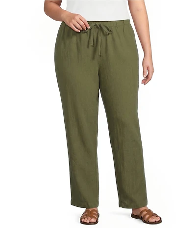 Eileen Fisher Plus Size Slubby Organic Cotton-Linen Straight Leg Pull-On Pants
