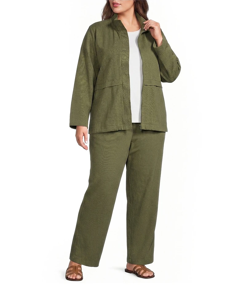 Eileen Fisher Plus Size Slubby Organic Cotton-Linen Straight Leg Pull-On Pants