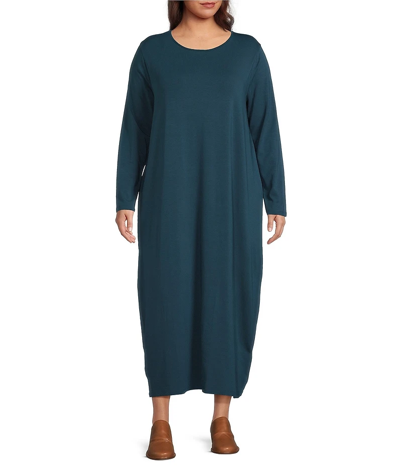 Eileen Fisher Plus Size Stretch Jersey Knit Round Neck Long Sleeve Oval Midi Dress