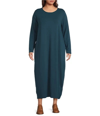 Eileen Fisher Plus Size Stretch Jersey Knit Round Neck Long Sleeve Oval Midi Dress