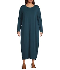 Eileen Fisher Plus Size Stretch Jersey Knit Round Neck Long Sleeve Oval Midi Dress