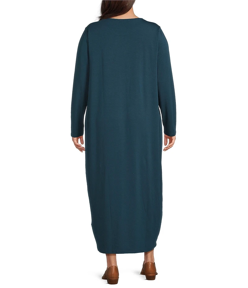 Eileen Fisher Plus Size Stretch Jersey Knit Round Neck Long Sleeve Oval Midi Dress