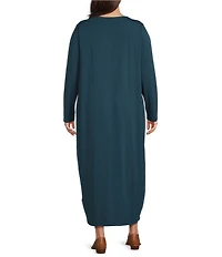 Eileen Fisher Plus Size Stretch Jersey Knit Round Neck Long Sleeve Oval Midi Dress