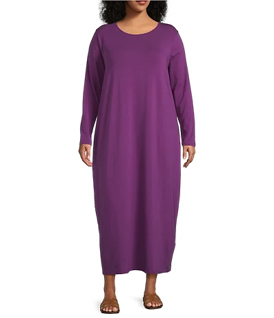 Eileen Fisher Plus Size Stretch Jersey Knit Round Neck Long Sleeve Oval Midi Dress
