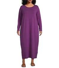 Eileen Fisher Plus Size Stretch Jersey Knit Round Neck Long Sleeve Oval Midi Dress