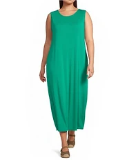 Eileen Fisher Plus Size Stretch Jersey Knit Round Neck Sleeveless Oval Maxi Dress