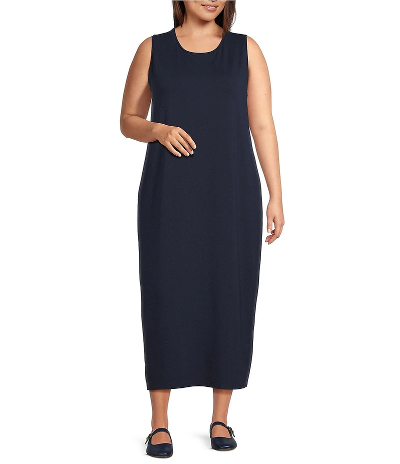 Eileen Fisher Plus Size Stretch Jersey Knit Round Neck Sleeveless Oval Midi Dress
