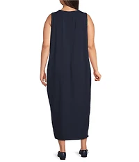 Eileen Fisher Plus Size Stretch Jersey Knit Round Neck Sleeveless Oval Midi Dress