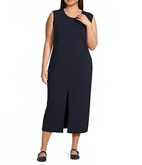 Eileen Fisher Plus Size Stretch Organic Cotton Blend Jersey Crew Neck Sleeveless Front Slit Maxi Dress