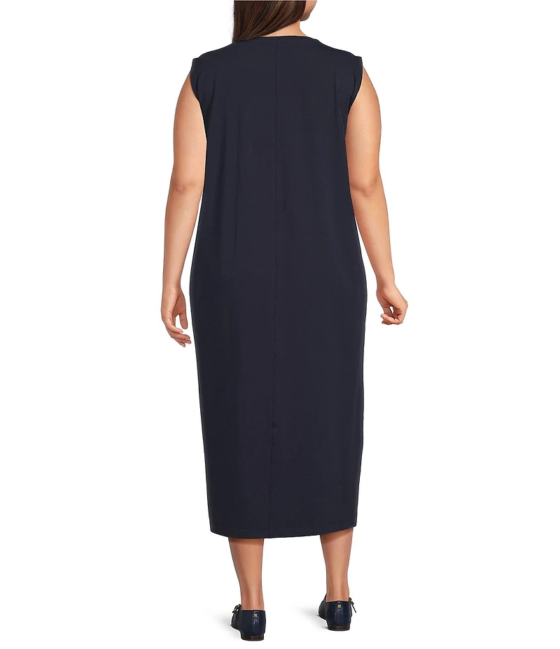 Eileen Fisher Plus Size Stretch Organic Cotton Blend Jersey Crew Neck Sleeveless Front Slit Maxi Dress