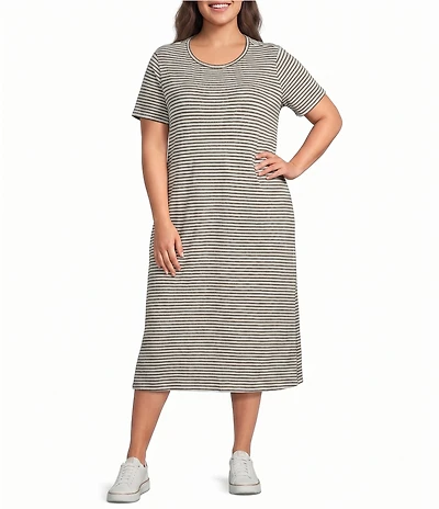 Eileen Fisher Plus Size Striped Organic Cotton Slub Crew Neck Short Sleeve Dress