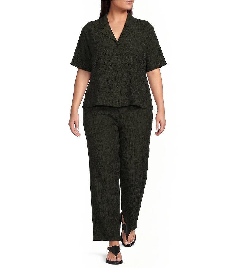 Eileen Fisher Plus Size Textured Crinkle Woven Plisse Wide Leg Pull-On Ankle Pants