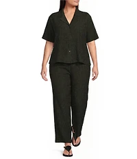 Eileen Fisher Plus Size Textured Crinkle Woven Plisse Wide Leg Pull-On Ankle Pants