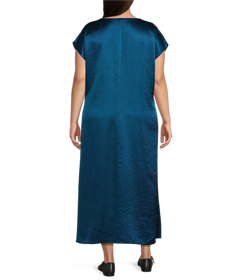 Eileen Fisher Plus Size Textured Satin V-Neck Cap Sleeve Maxi Dress