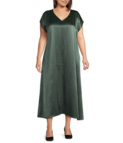Eileen Fisher Plus Size Textured Satin V-Neck Cap Sleeve Maxi Dress