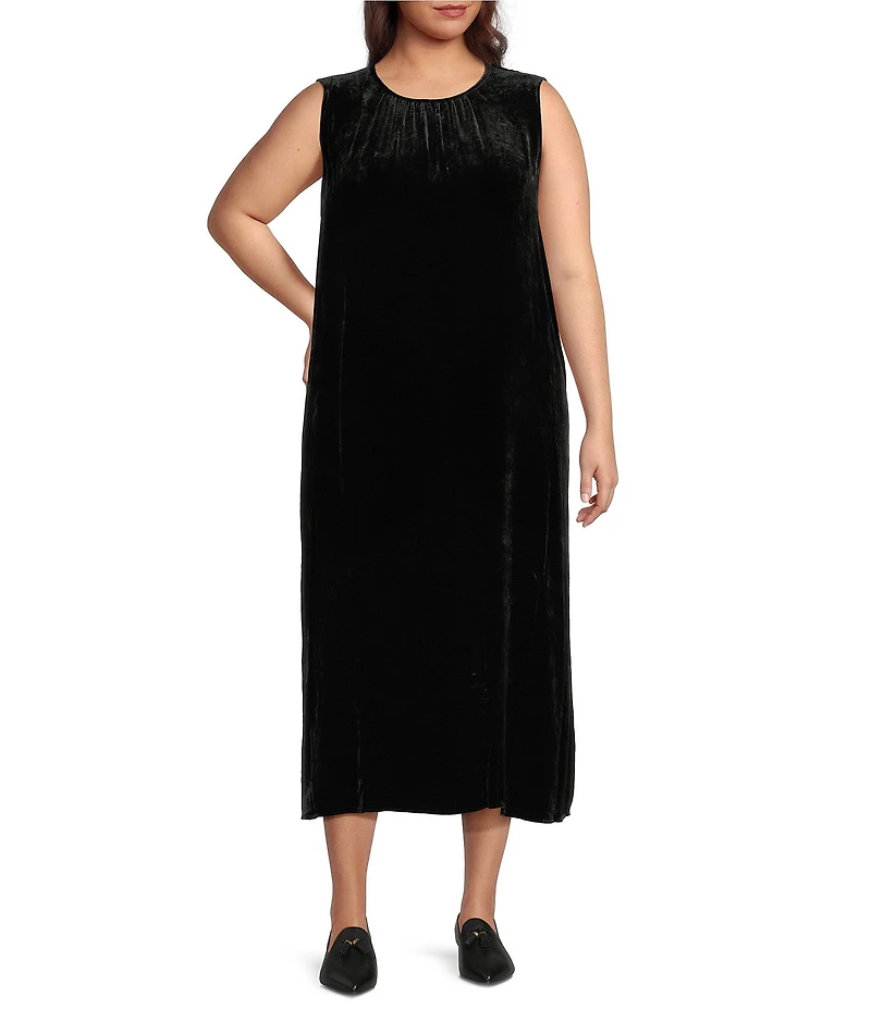 Eileen Fisher Plus Size Velvet Crew Neck Sleeveless Midi Dress