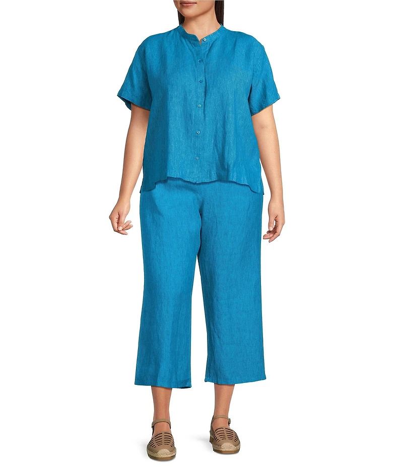 Eileen Fisher Plus Size Washed Organic Linen Elastic Waist Wide Leg Cropped Pants