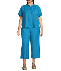 Eileen Fisher Plus Size Washed Organic Linen Elastic Waist Wide Leg Cropped Pants