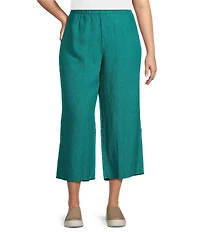 Eileen Fisher Plus Size Washed Organic Linen Elastic Waist Wide Leg Cropped Pants