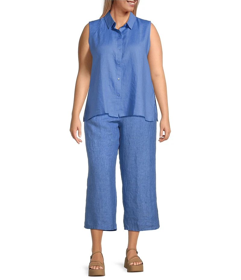 Eileen Fisher Plus Size Washed Organic Linen Elastic Waist Wide Leg Cropped Pants