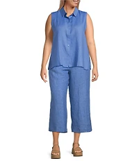 Eileen Fisher Plus Size Washed Organic Linen Elastic Waist Wide Leg Cropped Pants