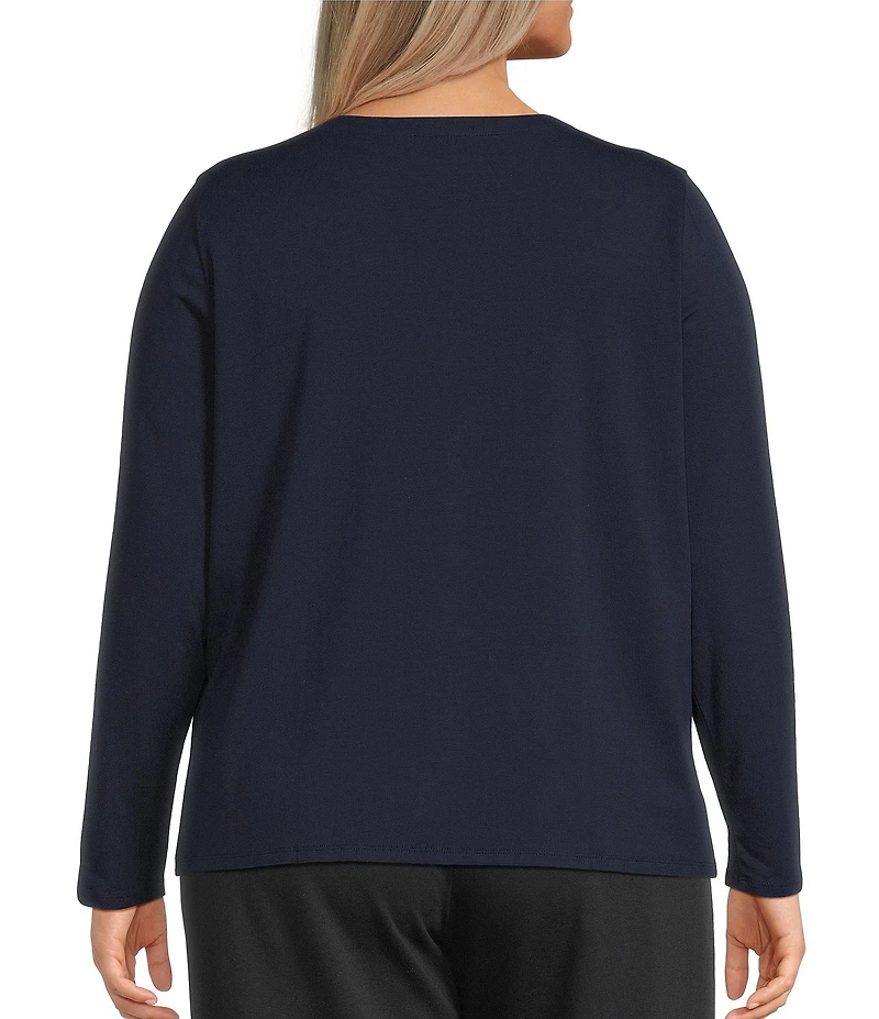 Eileen Fisher Plus Stretch Jersey Knit V-Neck Long Sleeve Button Front Top