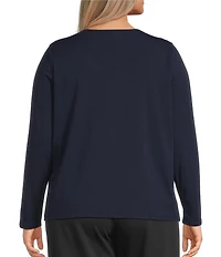 Eileen Fisher Plus Stretch Jersey Knit V-Neck Long Sleeve Button Front Top