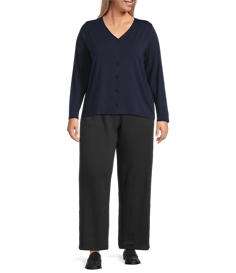Eileen Fisher Plus Stretch Jersey Knit V-Neck Long Sleeve Button Front Top