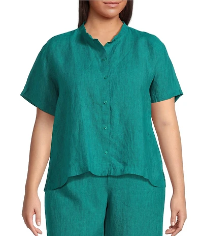Eileen Fisher Plus Washed Organic Linen Mandarin Collar Short Sleeve Button Front Top