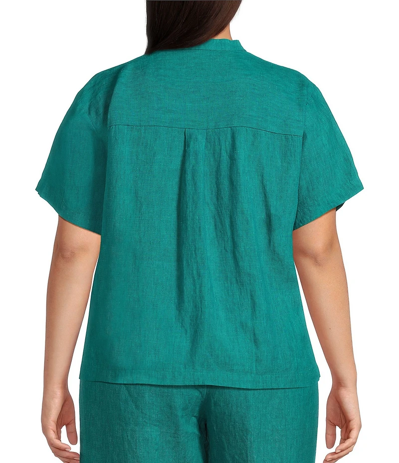 Eileen Fisher Plus Washed Organic Linen Mandarin Collar Short Sleeve Button Front Top