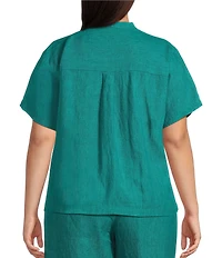 Eileen Fisher Plus Washed Organic Linen Mandarin Collar Short Sleeve Button Front Top