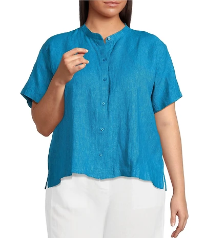 Eileen Fisher Plus Washed Organic Linen Mandarin Collar Short Sleeve Button Front Top