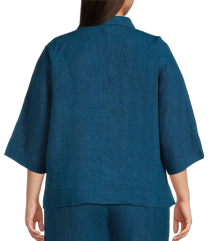 Eileen Fisher Plus Size Washed Organic Linen Point Collar 3/4 Sleeve Button Front Shirt