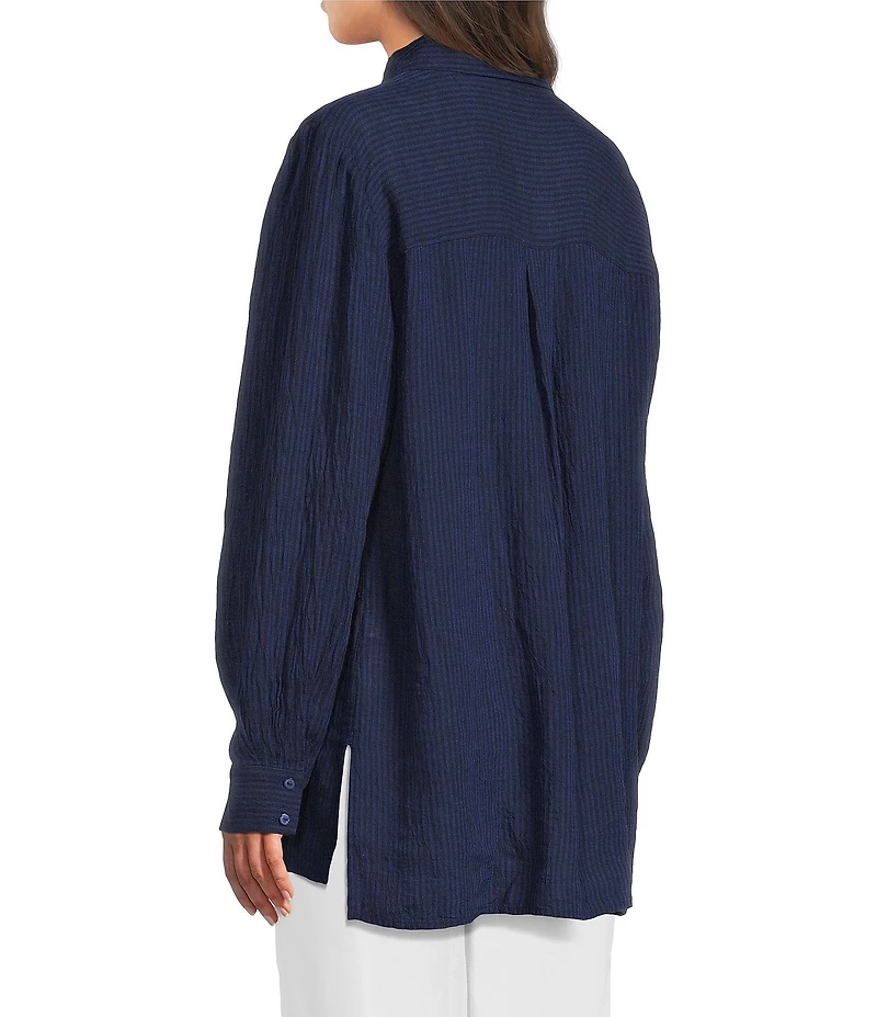 Eileen Fisher Puckered Organic Linen Point Collar Long Sleeve Top