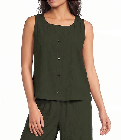 Eileen Fisher Puckered Organic Cotton Scoop Neck Sleeveless Button-Front Vest
