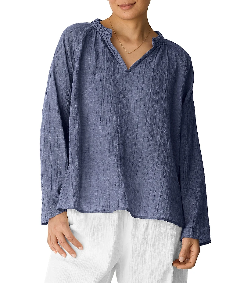 Eileen Fisher Puckered Organic Cotton Weave Split V-Neck Long Sleeve Top
