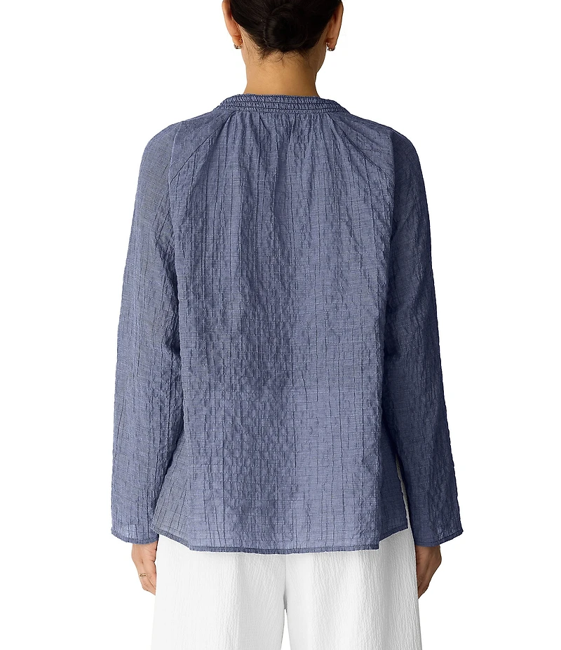 Eileen Fisher Puckered Organic Cotton Weave Split V-Neck Long Sleeve Top