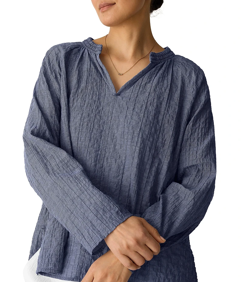 Eileen Fisher Puckered Organic Cotton Weave Split V-Neck Long Sleeve Top