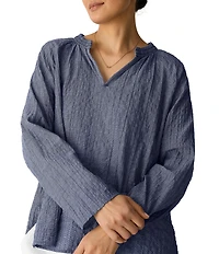 Eileen Fisher Puckered Organic Cotton Weave Split V-Neck Long Sleeve Top