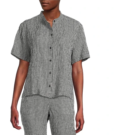 Eileen Fisher Puckered Organic Linen Gingham Mandarin Collar Short Sleeve Coordinating Top