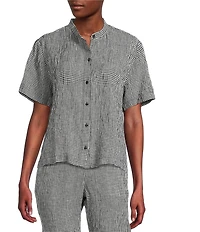 Eileen Fisher Puckered Organic Linen Gingham Mandarin Collar Short Sleeve Coordinating Top