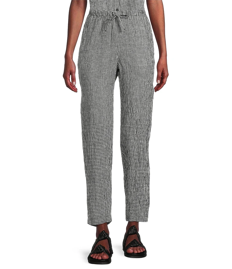 Eileen Fisher Puckered Organic Linen Gingham Taper Ankle Coordinating Pants