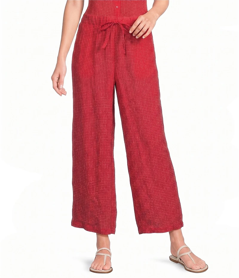 Eileen Fisher Puckered Organic Linen Grid Elastic Waist Wide Ankle Pants