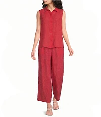 Eileen Fisher Puckered Organic Linen Grid Elastic Waist Wide Ankle Pants