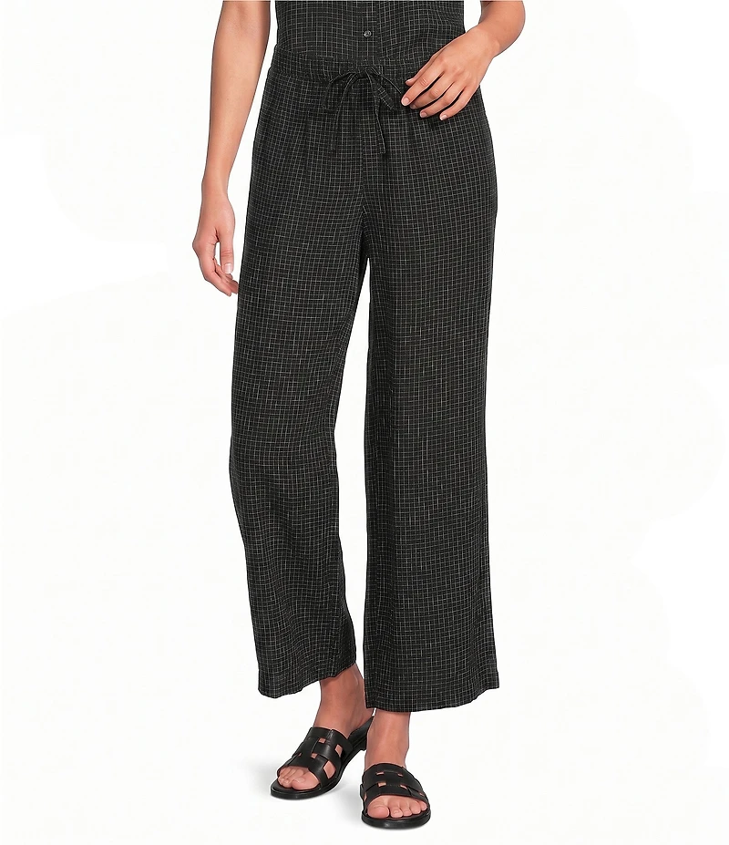 Eileen Fisher Puckered Organic Linen Grid Elastic Waist Wide Ankle Pants